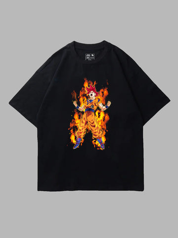 Men's Goku On Fire Oversized Black Graphic Tee - ArabianXports